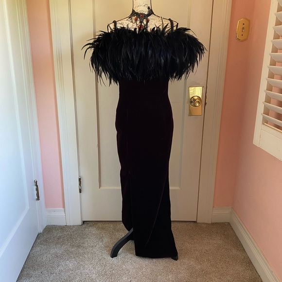 Vintage Velvet Gothic Gown with Feather Neckline - Picture 7 of 13